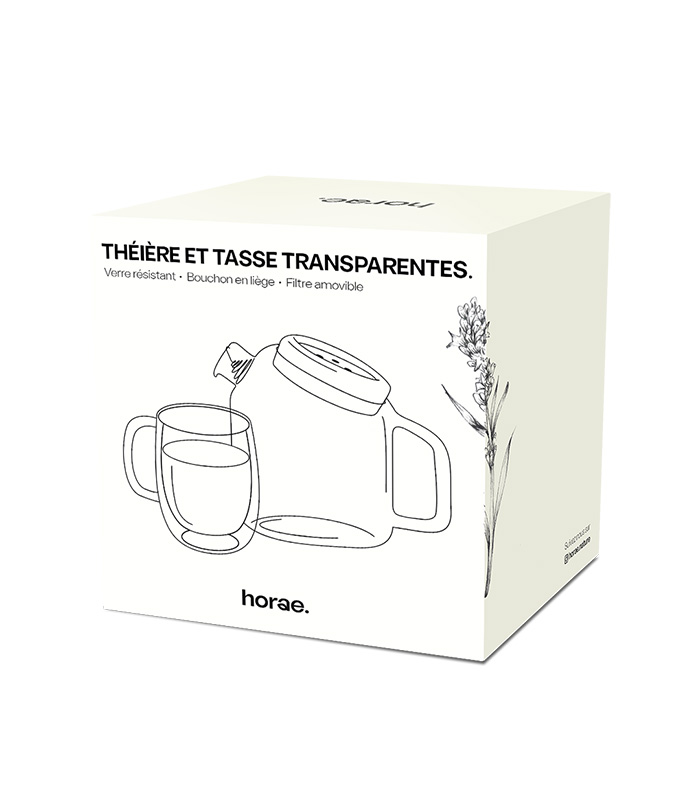 Kit théière et tasse transparentes en verre soufflé x4 Horae