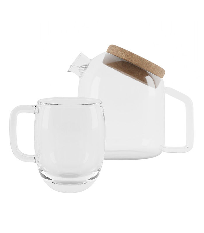 Kit théière et tasse transparentes en verre soufflé x4 Horae